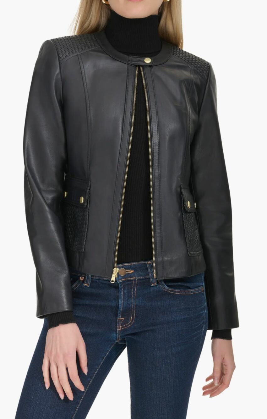 New Cole Hann Black Woven Detail Leather Jacket Medium